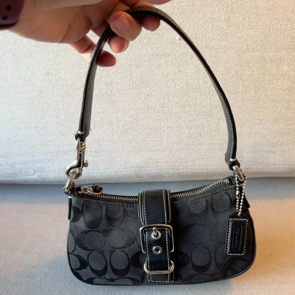 Coach 2003 Demi Black 6362 Hampton Signature Buckle Flap Baguette Shoulder Bag